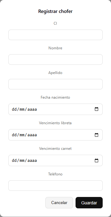 Formulario de registro de nuevo chofer
